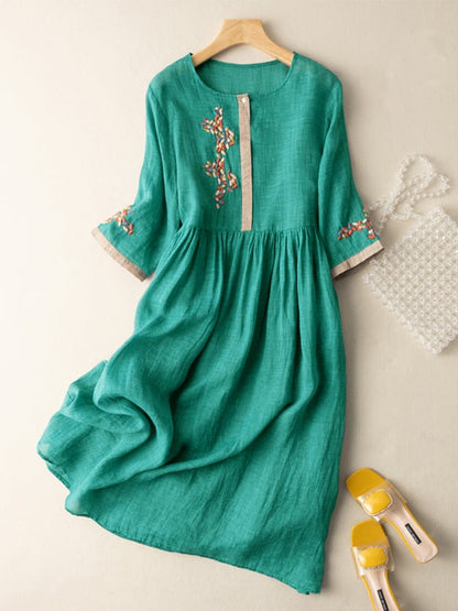 Vestido Mujer Bordado Manga Larga Cuello Redondo