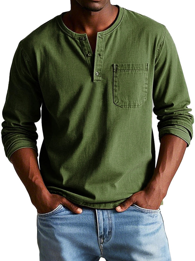 Camiseta henley hombre Algodón manga larga con bolsillo pecho