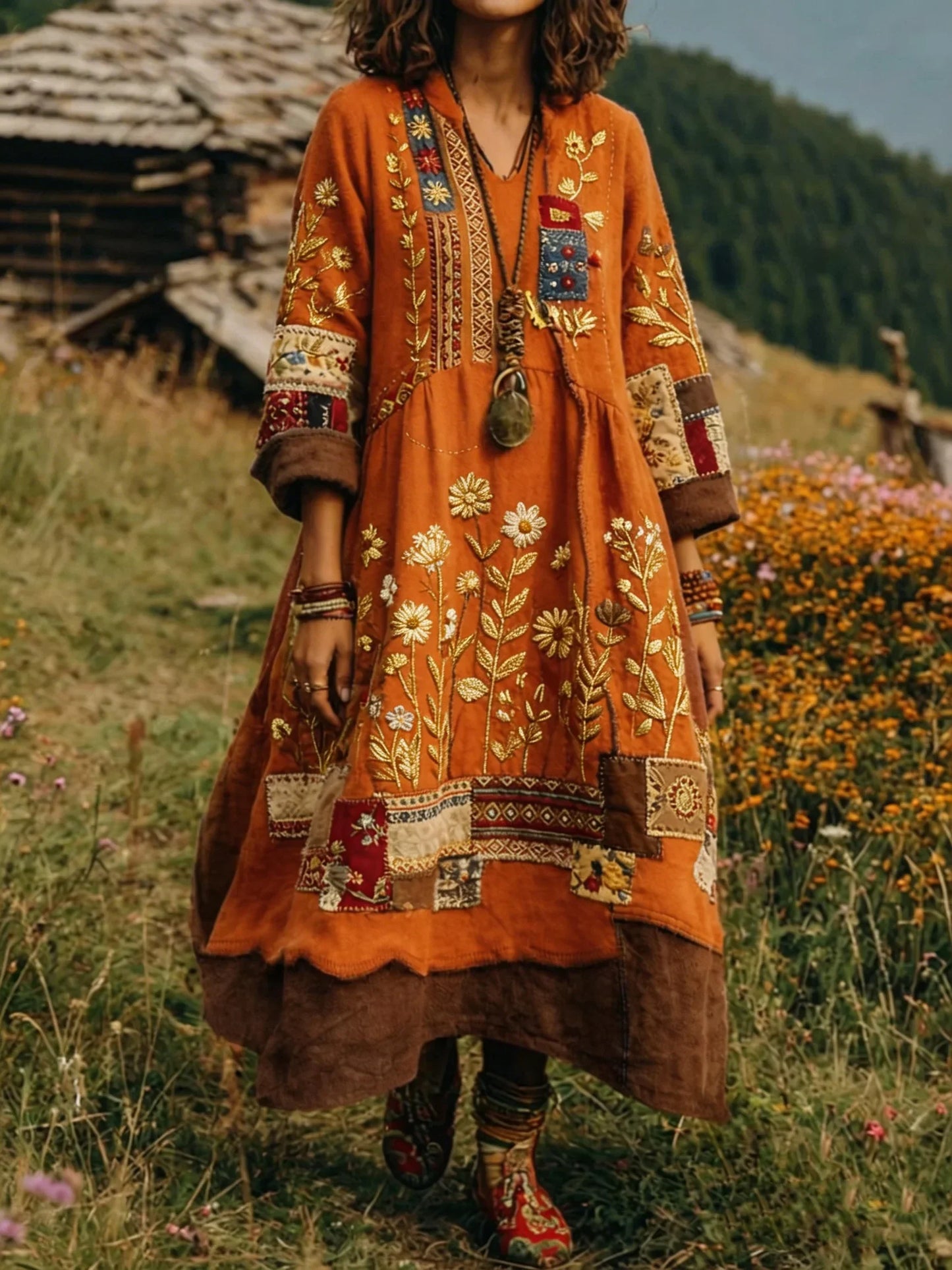 Vestido largo mujer patchwork bordado estilo bohemio fluido