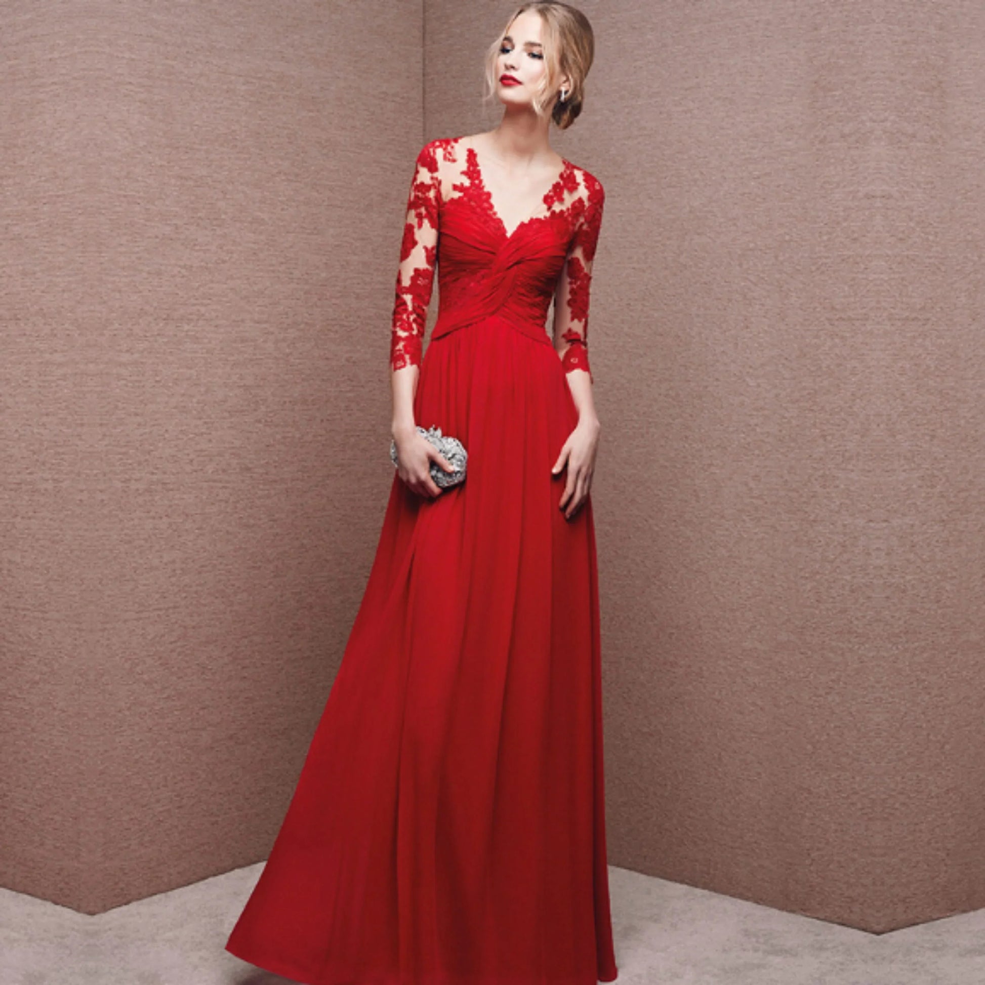 Vestido maxi mujer de encaje mangas largas corte fluido - Mavetta