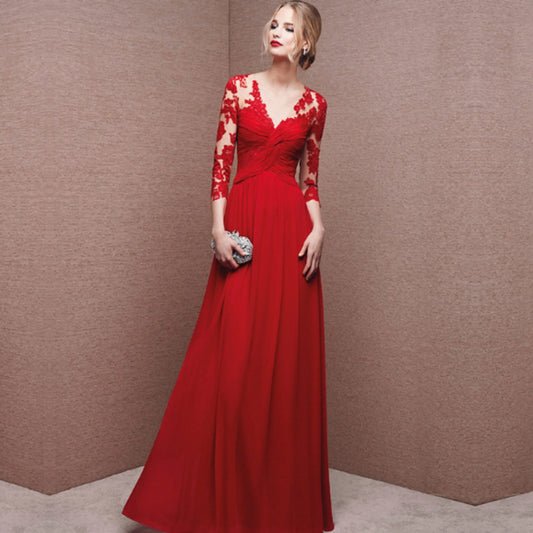 Vestido maxi mujer de encaje mangas largas corte fluido - Mavetta