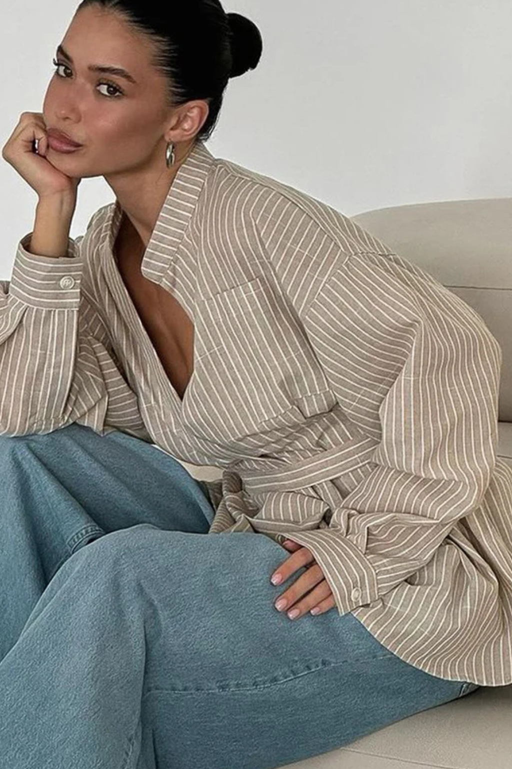 Camisa Mujer Manga Larga Algodón Cuello Mao Cinturón Ajustable