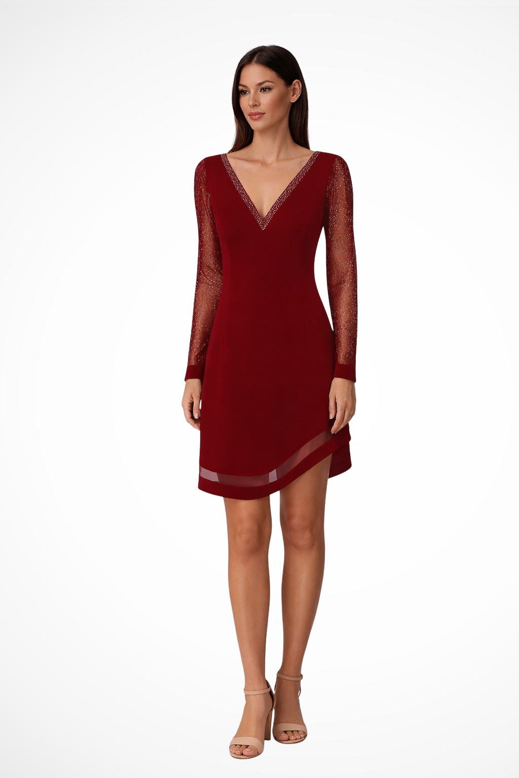 Vestido midi mujer con escote en v y mangas semitransparentes
