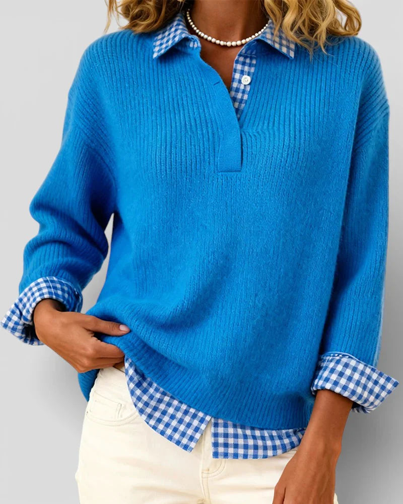 Jersey Mujer de Punto con Detalle de Camisa Cuadros