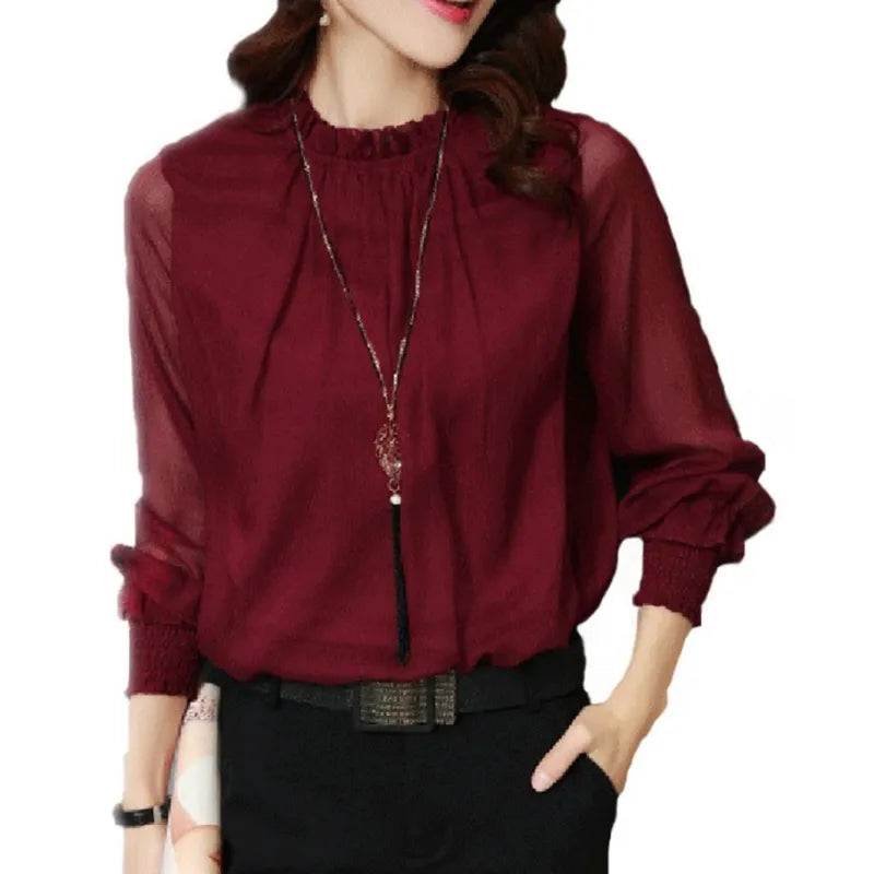 Blusa Mujer Manga Larga con Volantes y Corte Elegante