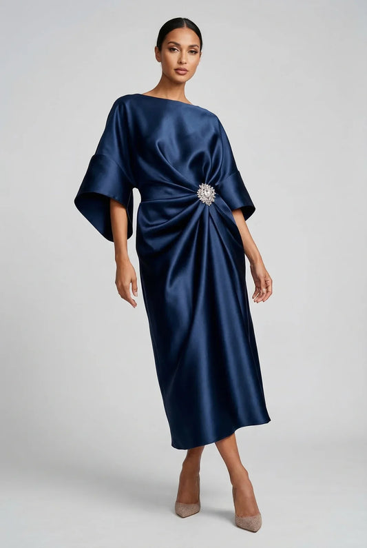Vestido Midi Mujer de Satén Manga Murciélago Broche Joya - Mavetta