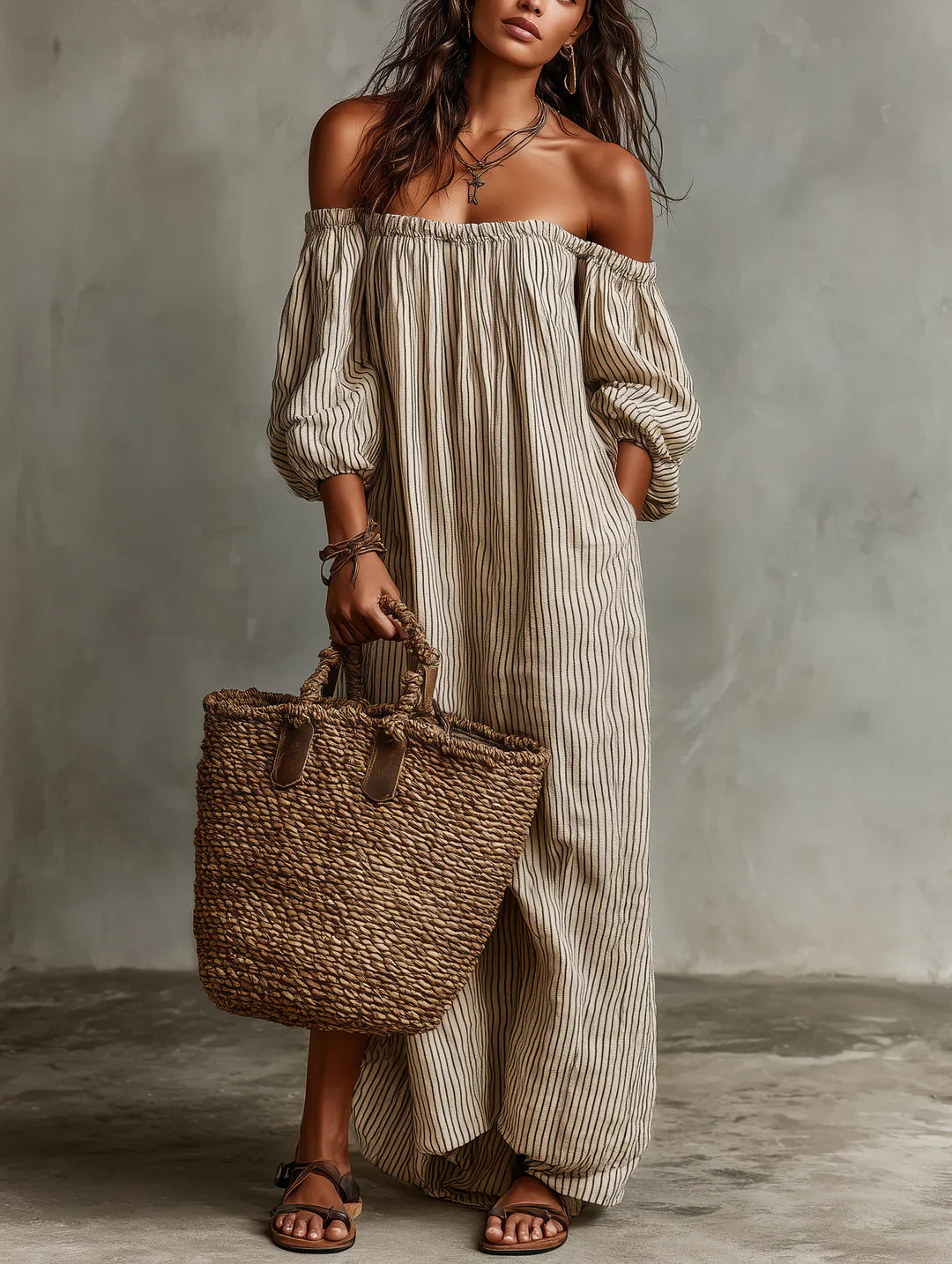 Vestido largo Mujer de Rayas con Hombros Descubiertos - Mavetta