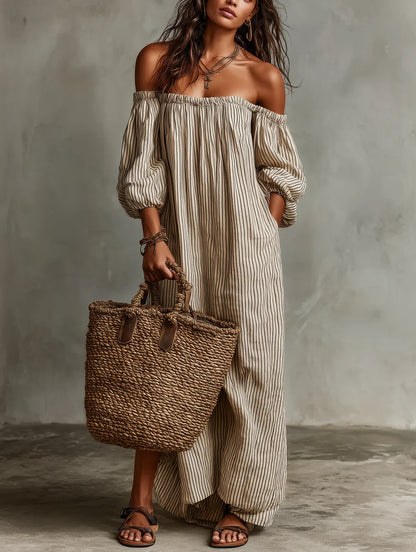Vestido largo Mujer de Rayas con Hombros Descubiertos - Mavetta