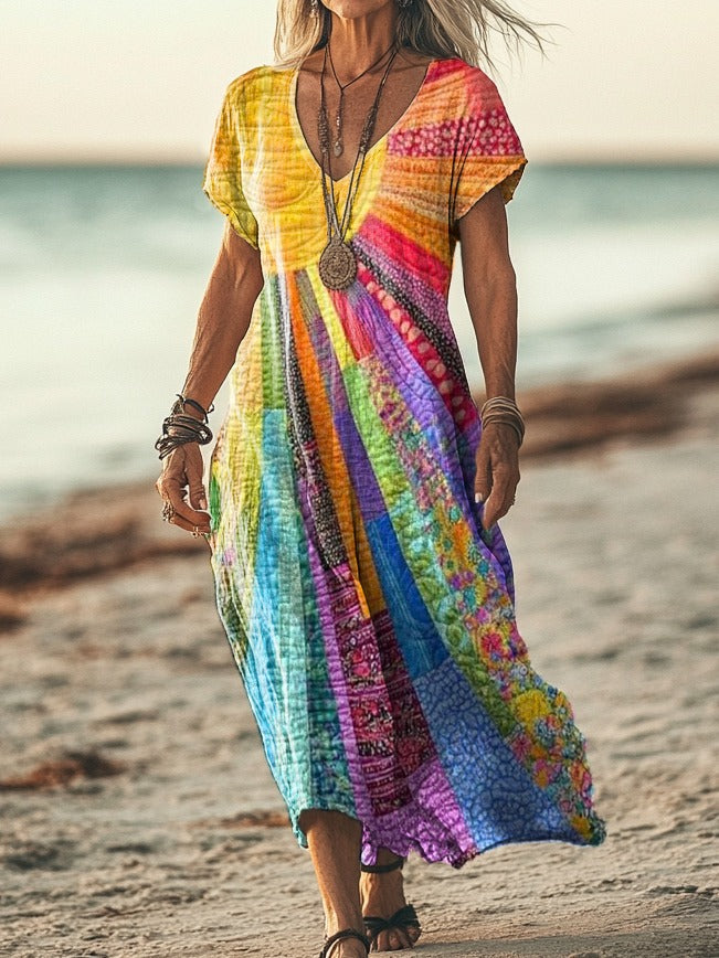 Vestido midi mujer Estampado fluido Escote en V