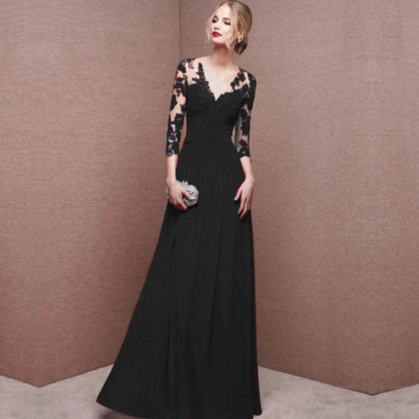 Vestido maxi mujer de encaje mangas largas corte fluido