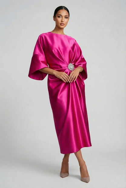 Vestido Midi Mujer de Satén Manga Murciélago Broche Joya