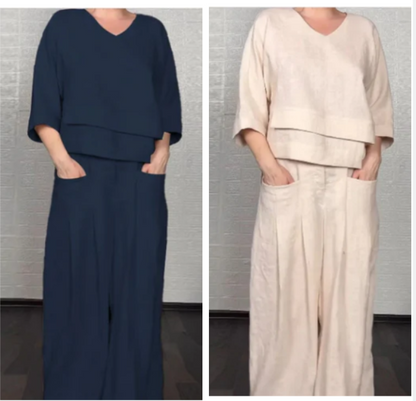 Conjunto Mujer de Algodón y Lino Escote en V Pantalón Ancho