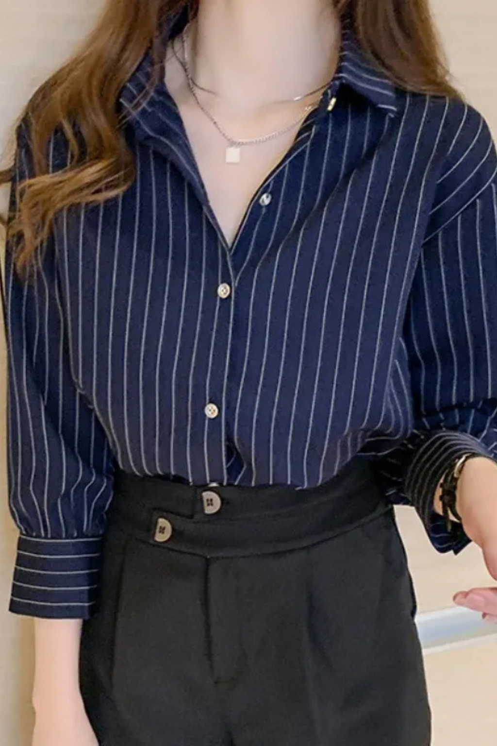 Camisa Mujer de Algodón Manga Larga Cuello de Solapa Botones