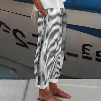 Pantalón recto Mujer con botones laterales y rayas