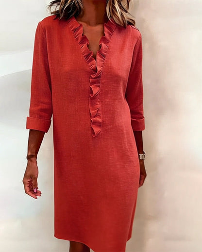 Vestido mujer lino algodón escote en V volantes casual