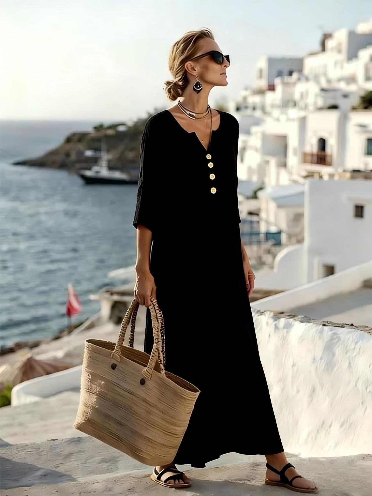 Vestido Mujer Algodón Lino Corte Fluido Manga Botones
