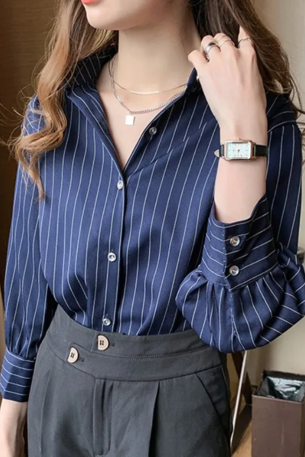 Camisa Mujer de Algodón Manga Larga Cuello de Solapa Botones