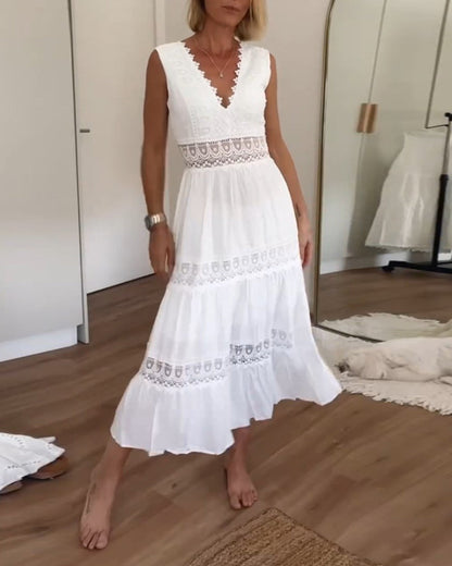 Vestido midi mujer sin mangas escote en v estilo bohemio