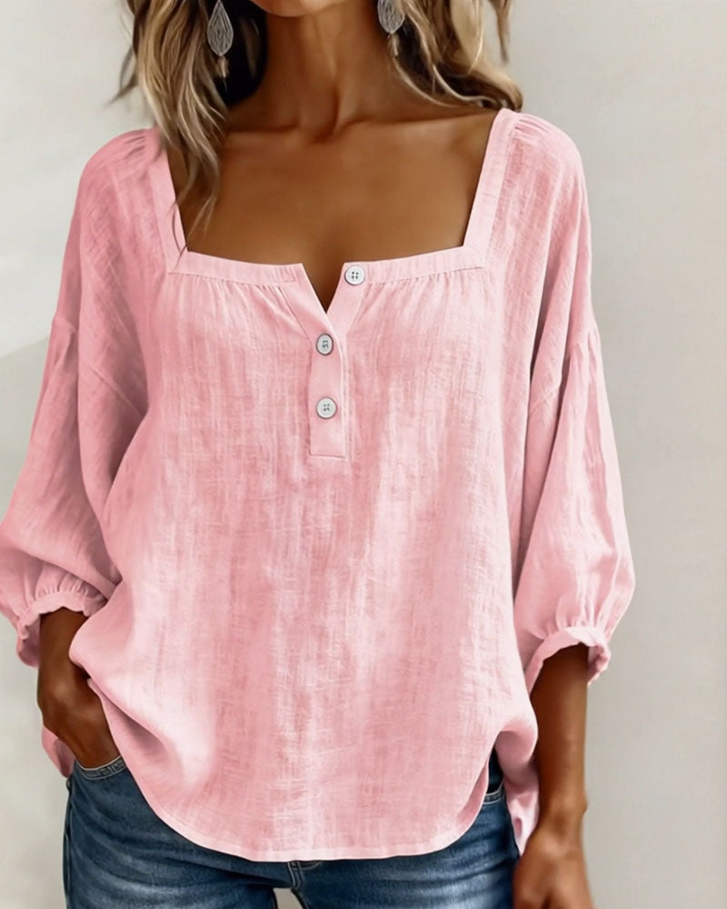 Blusa Mujer Escote Cuadrado Botones Ajuste Clasico
