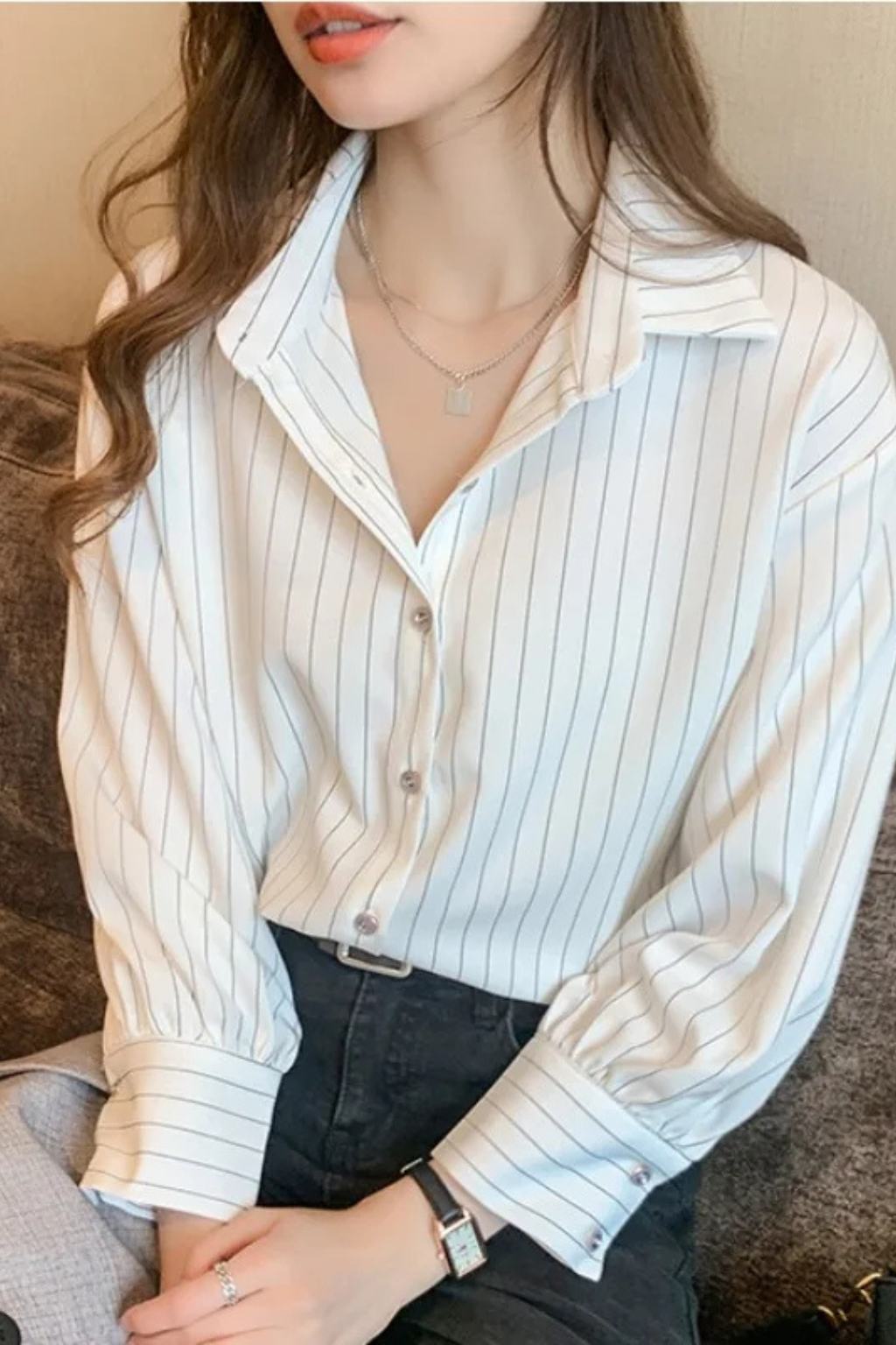 Camisa Mujer de Algodón Manga Larga Cuello de Solapa Botones