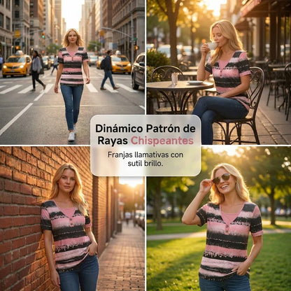 Camiseta henley mujer de algodón estampada estilo casual