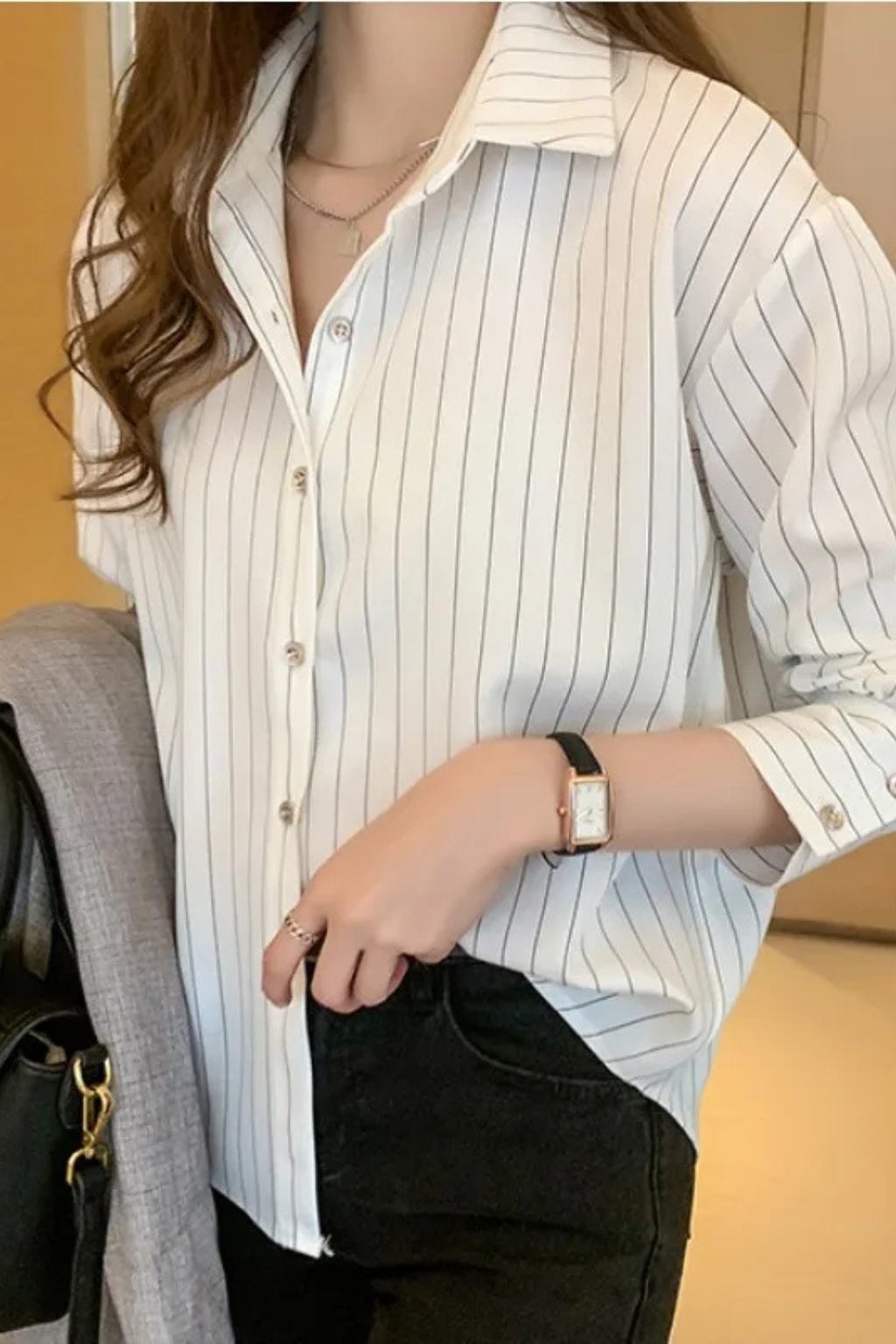 Camisa Mujer de Algodón Manga Larga Cuello de Solapa Botones