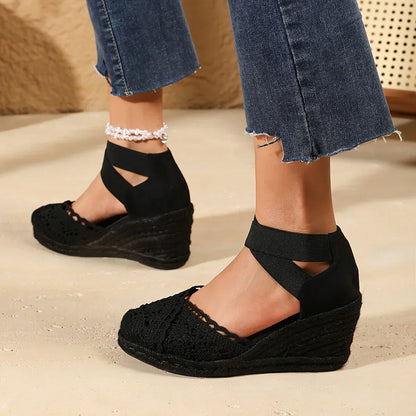 Zapatos Mujer de Cuña con Crochet y Tira Elástica en Tobillo