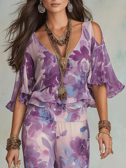 Conjunto mujer dos piezas tejido floral volantes pantalón acampanado