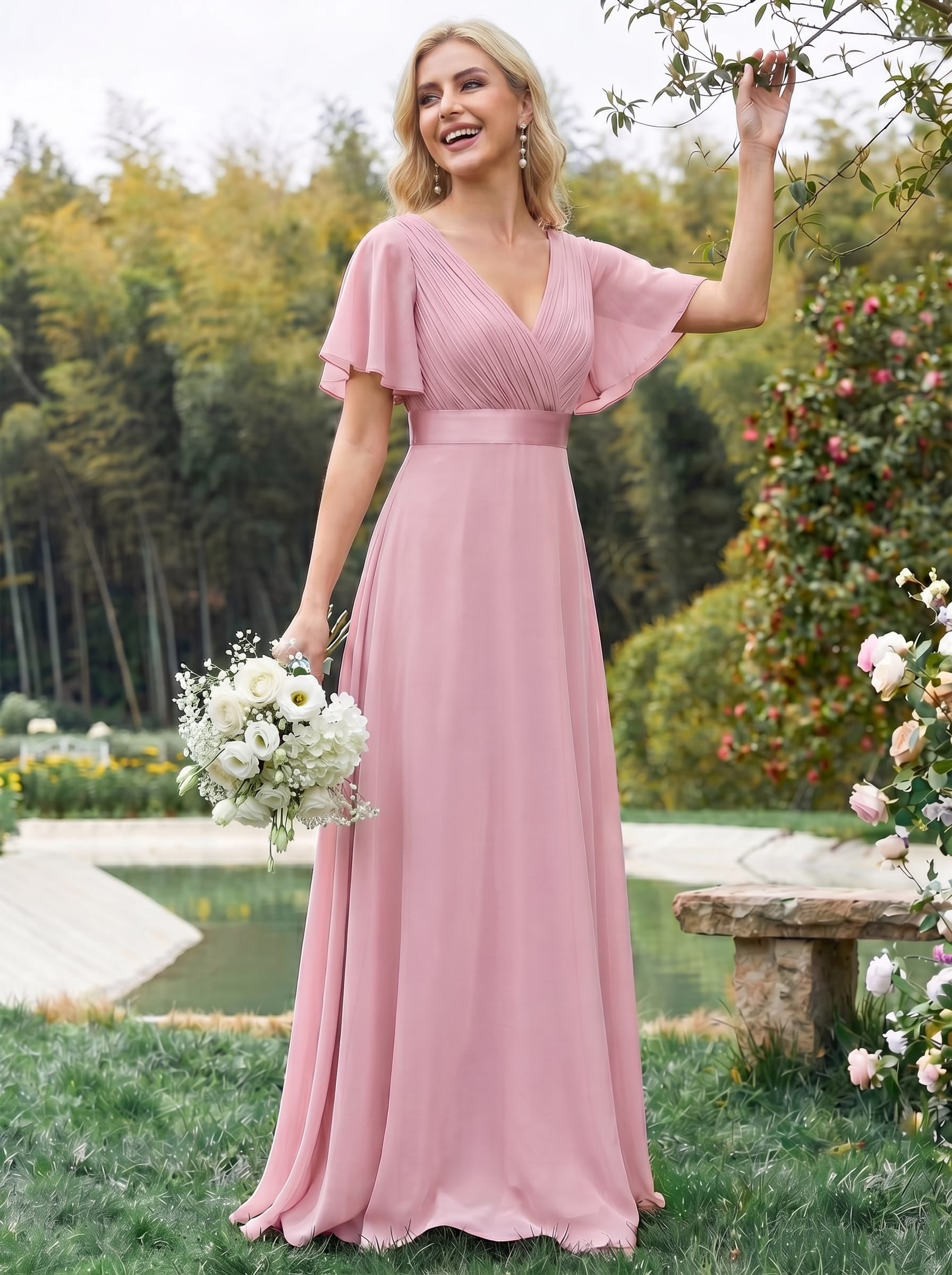 Vestido largo Mujer de gasa con cintura imperio y mangas cortas - Mavetta