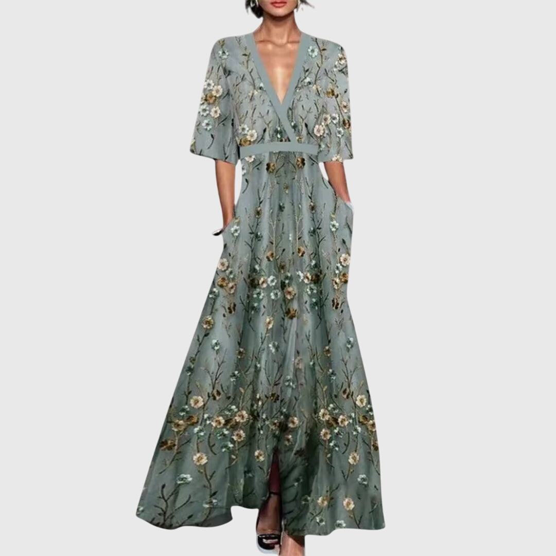 Vestido mujer de primavera escote en V cruzado falda maxi fluida