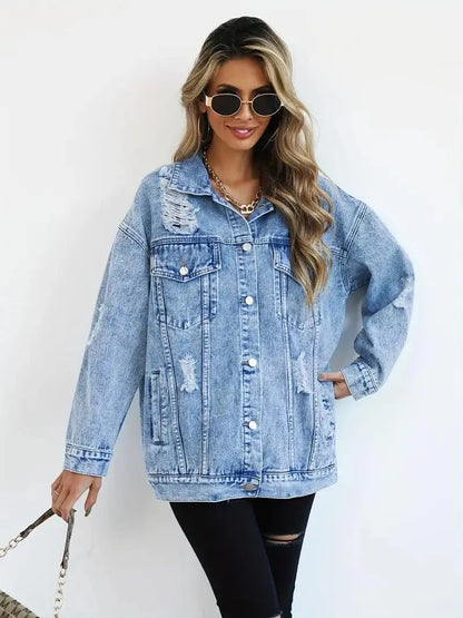 Chaqueta Vaquera Mujer Algodón Oversize Efecto Lavado Desgastada