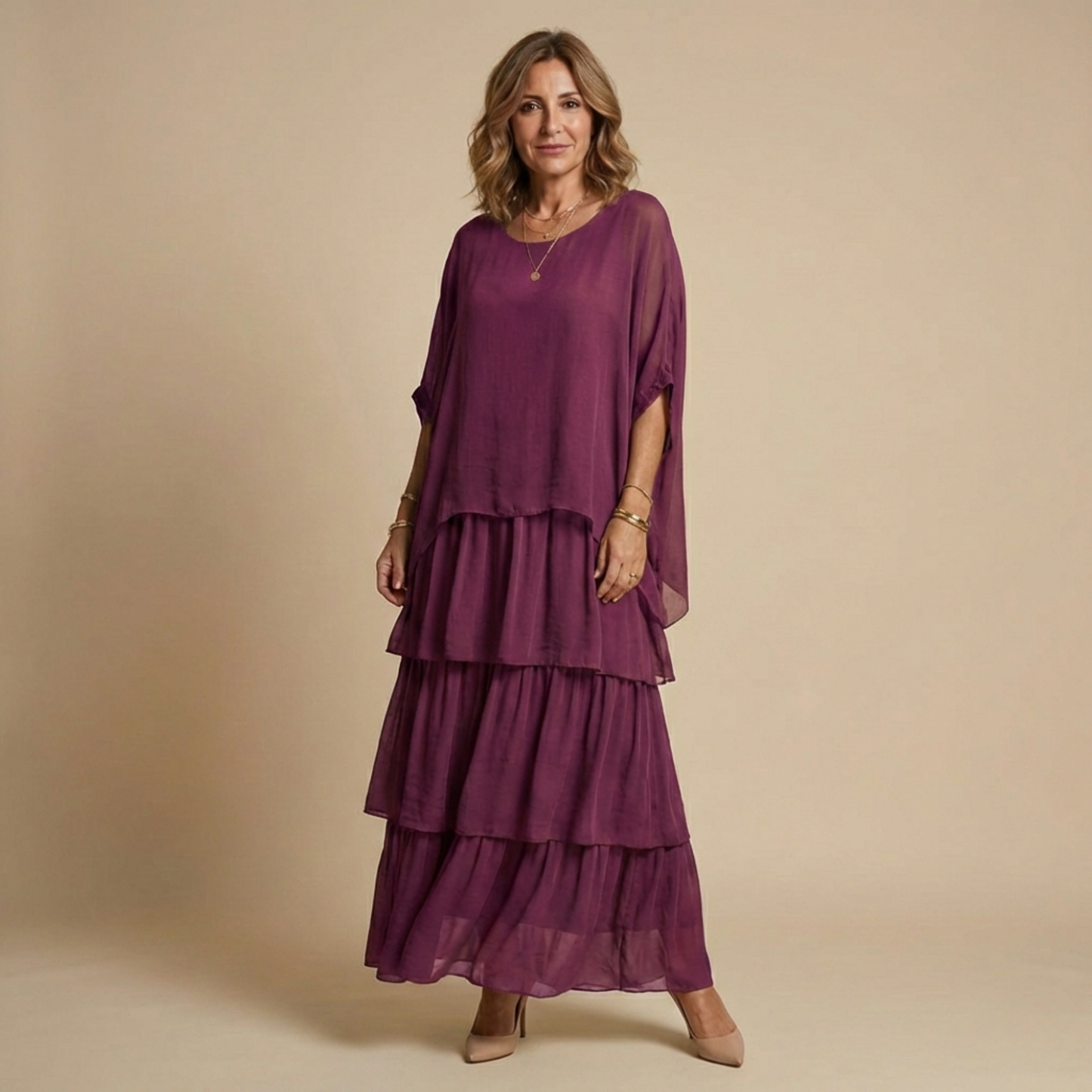 Vestido Largo Mujer Fluido en Capas Manga Suelta Corte Amplio