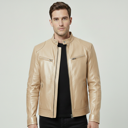 Chaqueta Hombre Cuero Sintético Cuello Alto Puños Ajustables