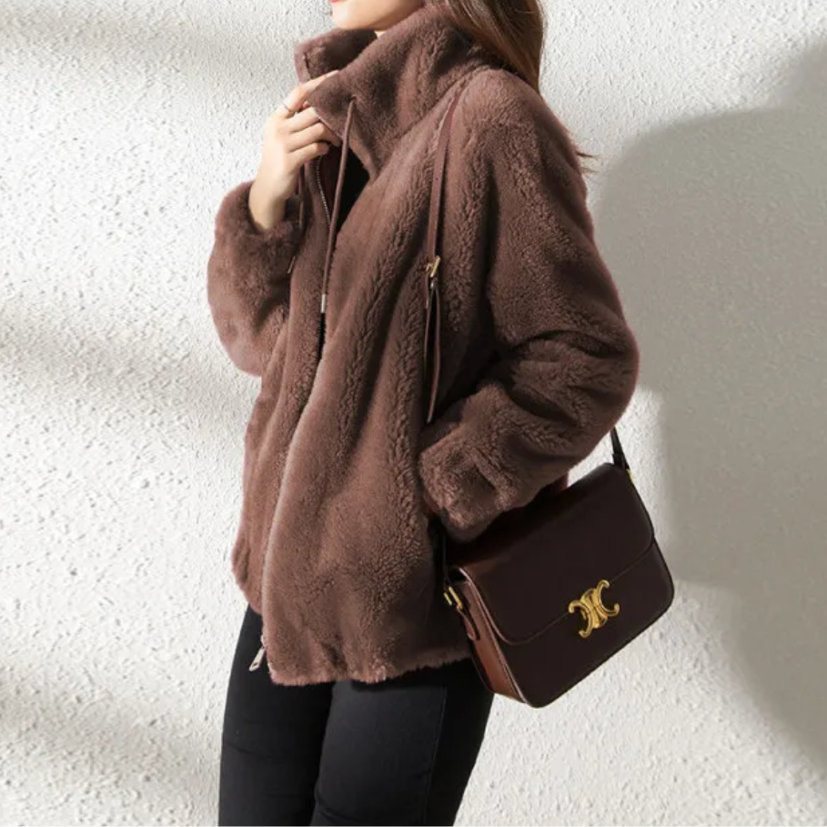 Chaqueta Mujer Teddy Cuello Alto Cremallera Moderna
