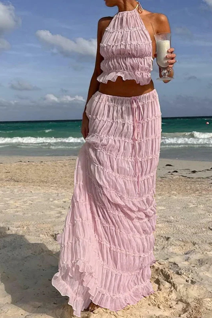 Conjunto Mujer Halter Fruncido y Falda Larga Fluida