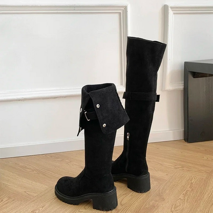 Botas Altas Mujer de Terciopelo con Botones Decorativos