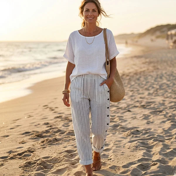Pantalón recto Mujer con botones laterales y rayas