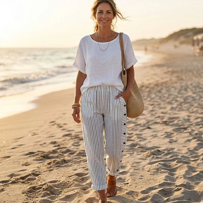 Pantalón recto Mujer con botones laterales y rayas