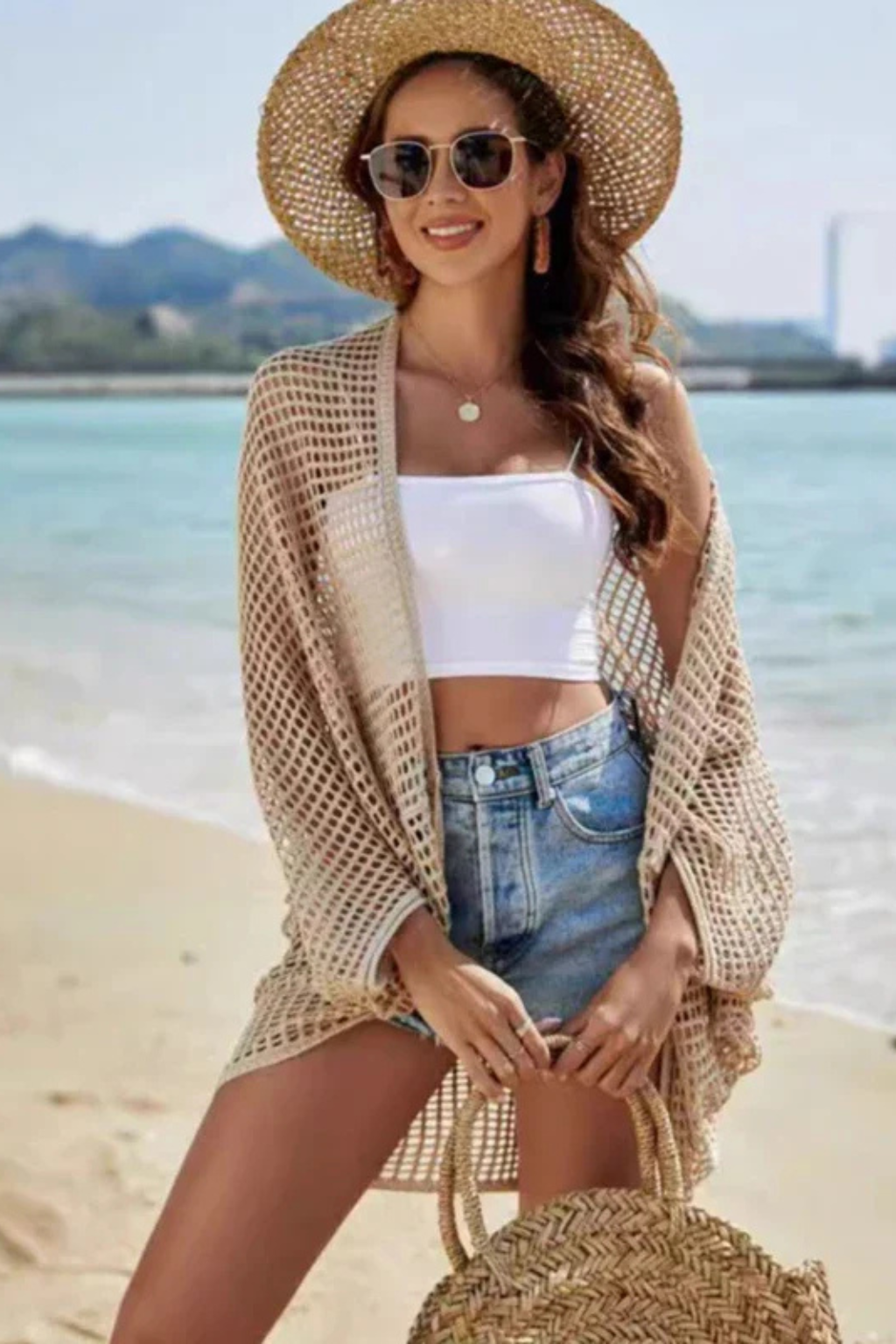 Cárdigan Mujer de Punto Calado Crochet Estilo Casual