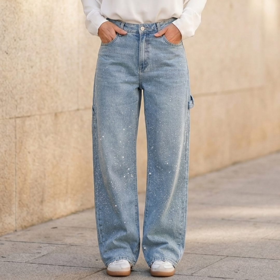 Pantalones Vaqueros Mujer Anchos Detalles Brillantes
