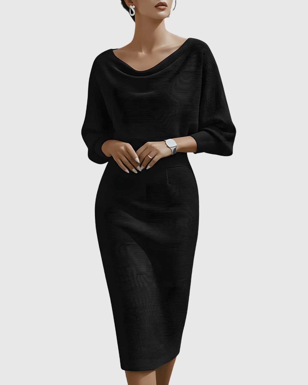 Vestido midi mujer Drapeado Manga Murciélago Escote Elegante