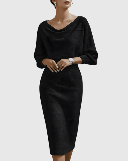 Vestido midi mujer Drapeado Manga Murciélago Escote Elegante