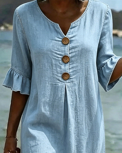 Vestido Mujer Denim Corte Fluido Manga Acampanada