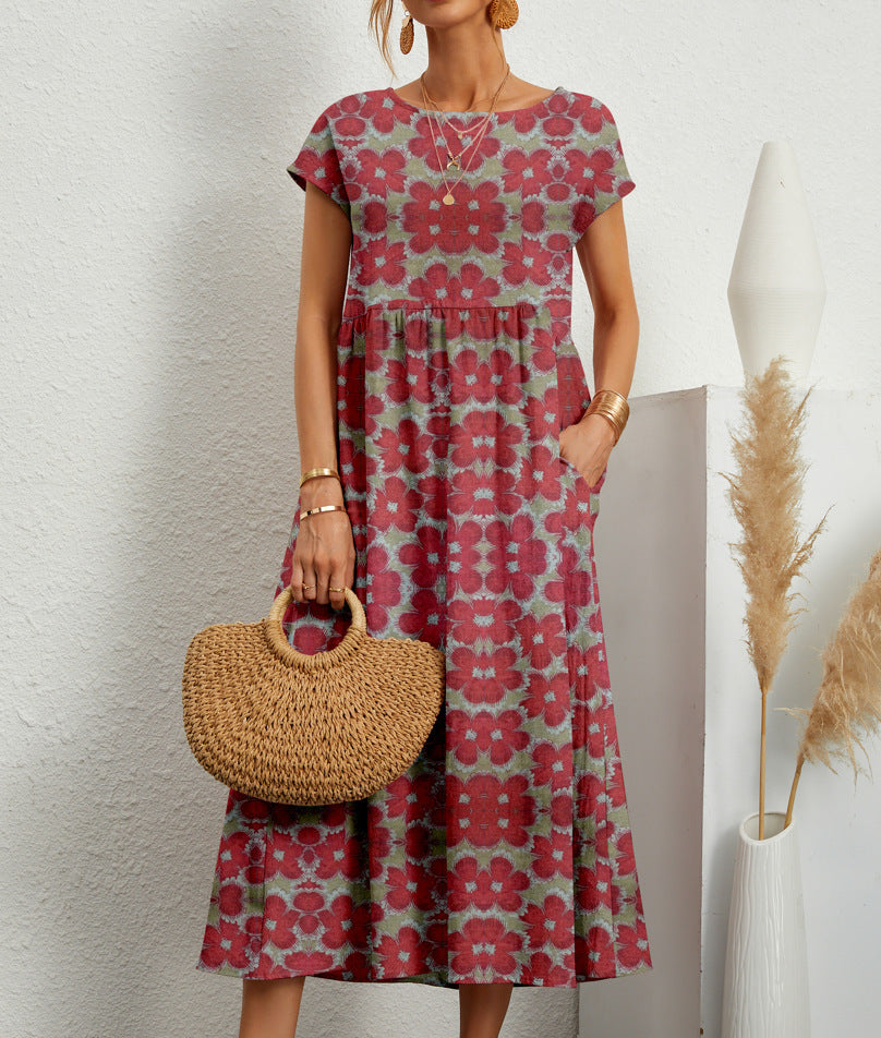 Vestido Midi Mujer Fluido Estampado Manga Corta