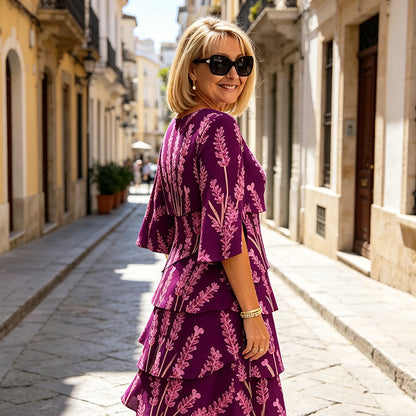 Vestido midi mujer con volantes escalonados y mangas abiertas