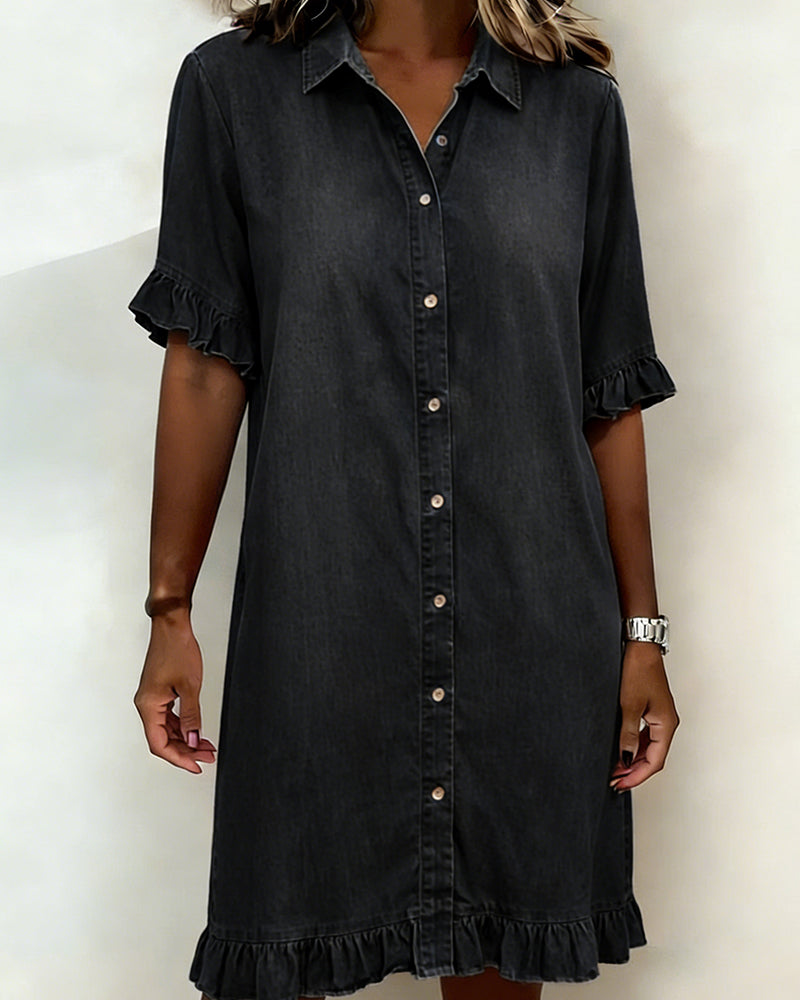 Vestido Mujer de Denim con Botones y Volantes Estilo Casual