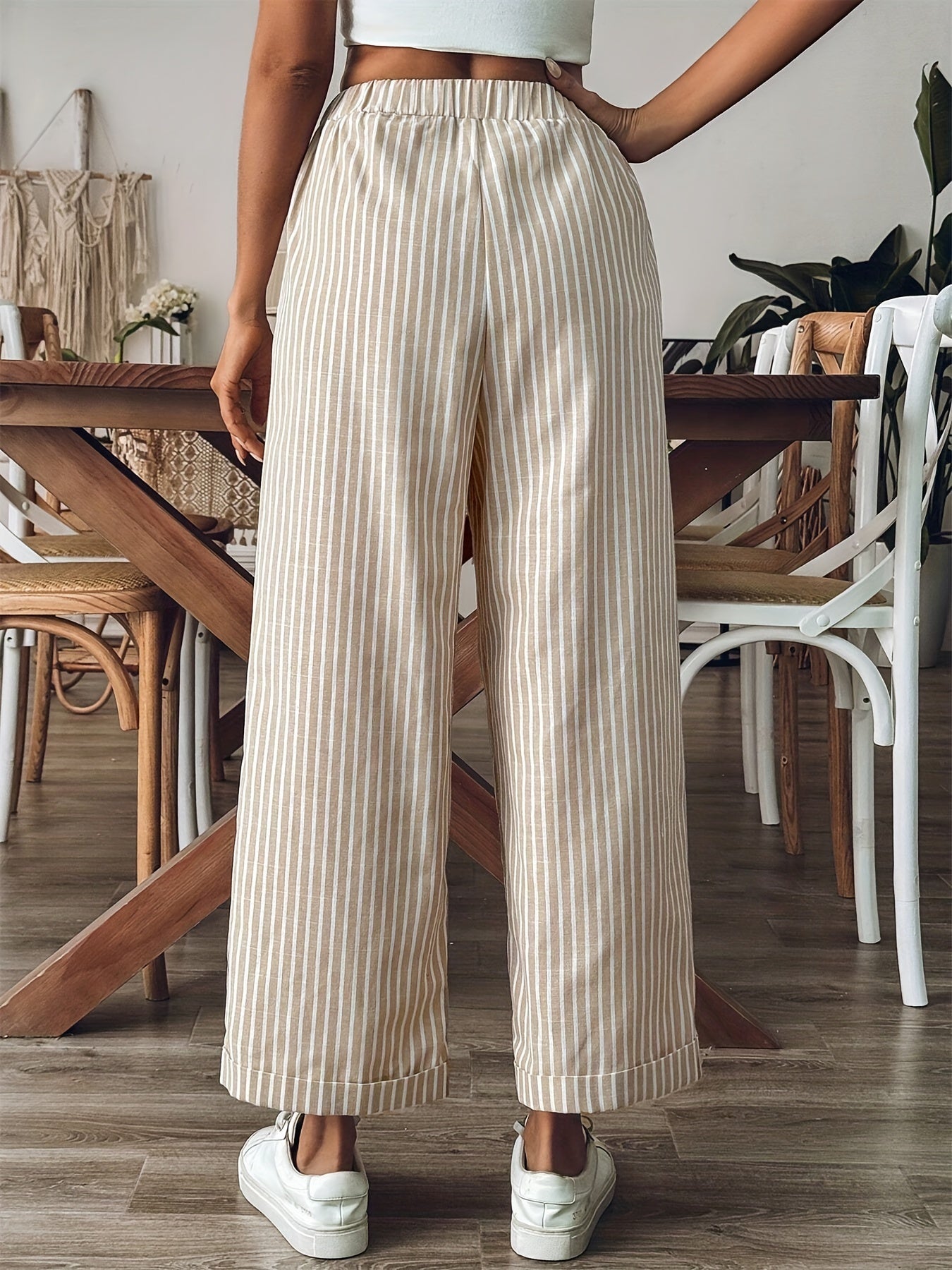 Pantalón Mujer de Rayas Algodón Ajuste Recto Cintura Elástica