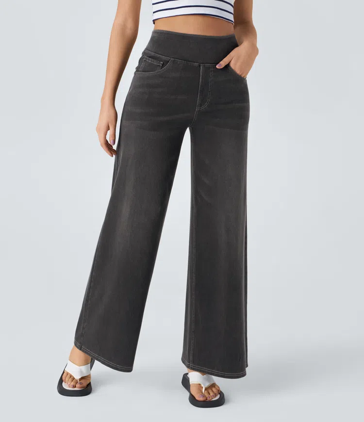 Pantalones mujer denim elástico talle alto pierna ancha moldeadores