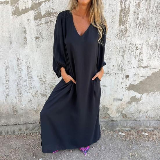 Vestido largo Mujer fluido escote en V mangas abullonadas