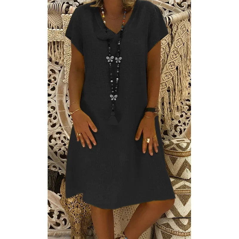 Vestido midi mujer Suave cuello en V mangas cortas